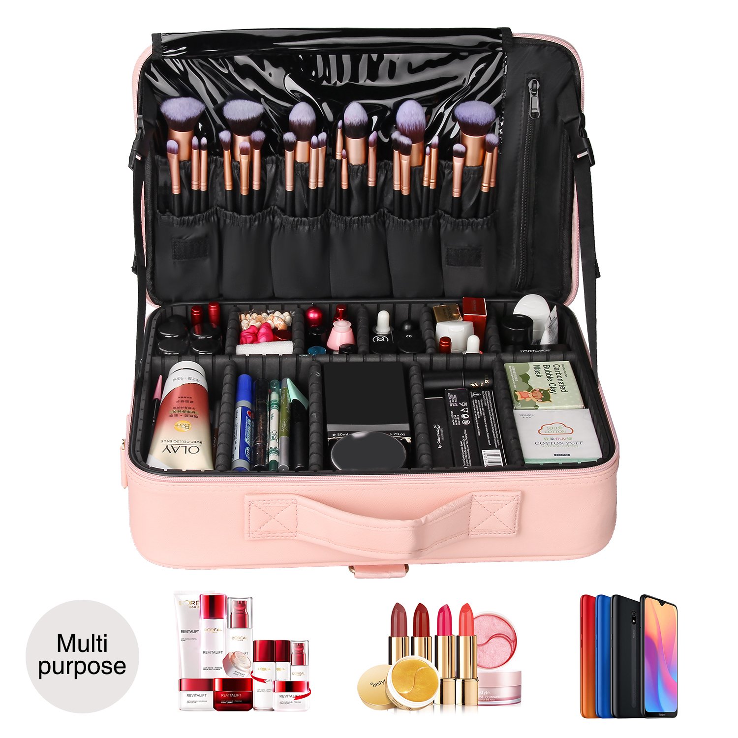 Relavel Pink Makeup Storage Professional Makeup Bag Leather Cosmetic Vanity Organizer with Dividers
