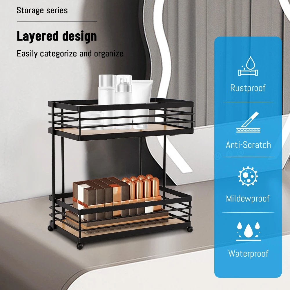 Wholesale Home Decorative High Quality Black Double-Tier Iron Bamboo Desktop Makeup Stand Racks Cosmetics Storage Racks Display