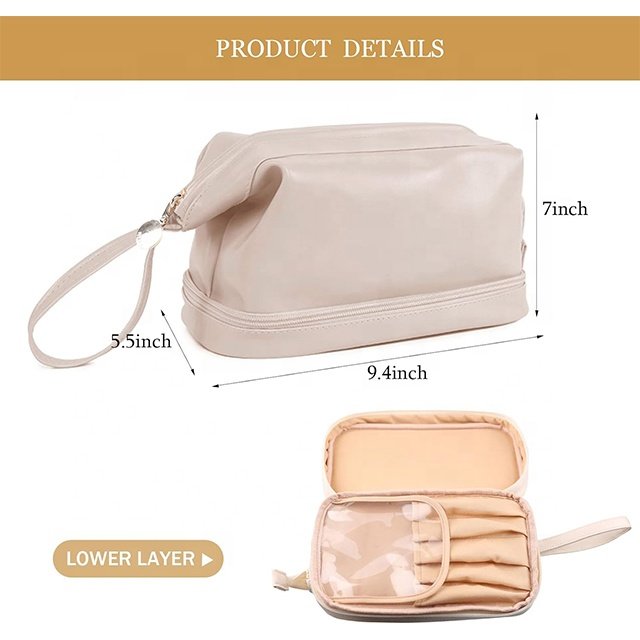 BSCI Custom Makeup Bag Leather Double Layer Large Cosmetic Organizer Bag Travel Accessories Toiletry Bag