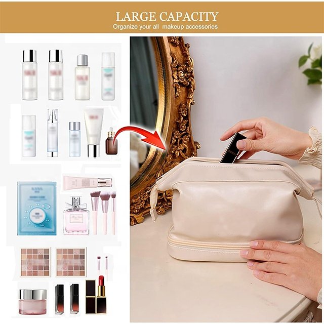 BSCI Custom Makeup Bag Leather Double Layer Large Cosmetic Organizer Bag Travel Accessories Toiletry Bag