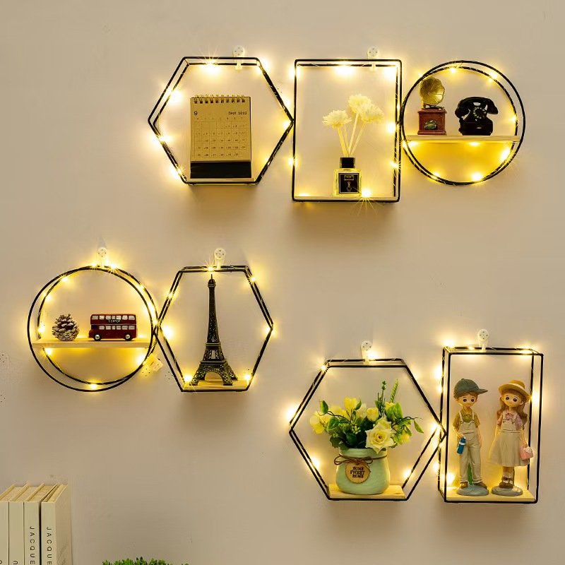 Hot Sale DIY Wall Mounted Home Decor Iron Wood Storage Shelf Geometric Nordic Style Rack Novelty Artistic Holder