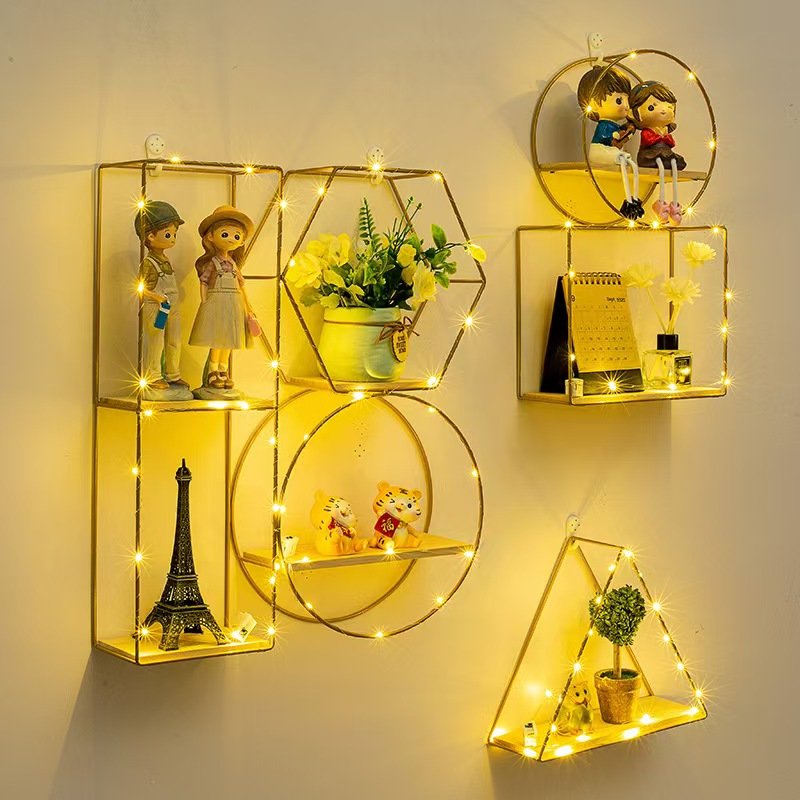 Hot Sale DIY Wall Mounted Home Decor Iron Wood Storage Shelf Geometric Nordic Style Rack Novelty Artistic Holder