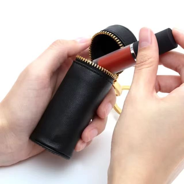 Leather Zipper Lipstick Case with Keychain Chapstick Holder Keyring Women Lipstick Organizer