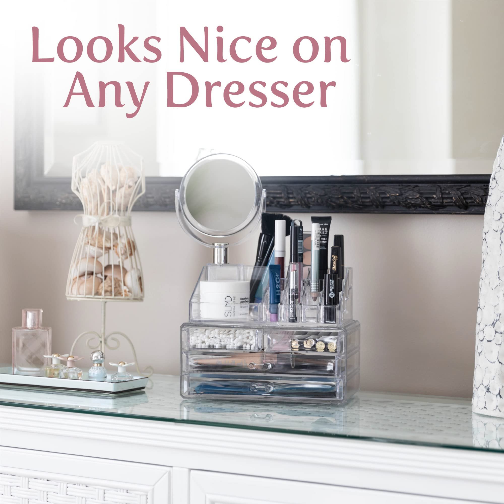 Acrylic Cosmetic makeup organizer with mirror Box Easily Organize Cosmetics Jewelry Hair Accessories Cosmetic Organizer