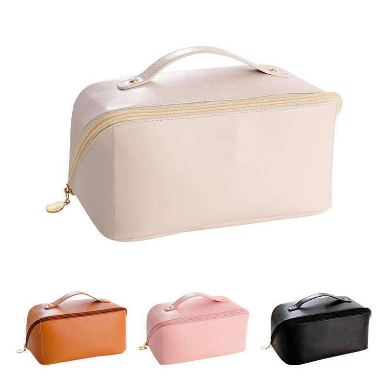 Creative design foldable PU make up bags waterproof toast cosmetic handle bag large capacity wash bags with soft handle