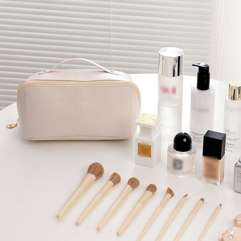 Creative design foldable PU make up bags waterproof toast cosmetic handle bag large capacity wash bags with soft handle