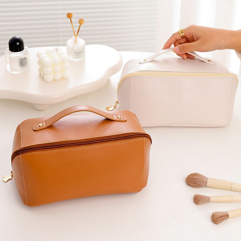 Creative design foldable PU make up bags waterproof toast cosmetic handle bag large capacity wash bags with soft handle