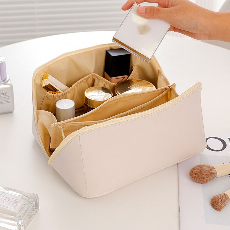 Creative design foldable PU make up bags waterproof toast cosmetic handle bag large capacity wash bags with soft handle