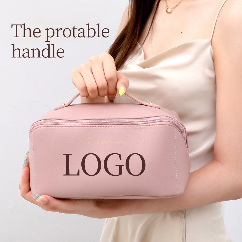 new bride large capacity beige genuine leather luxury casual pillow wash toiletry pouch makeup cosmetic bag for women ladies