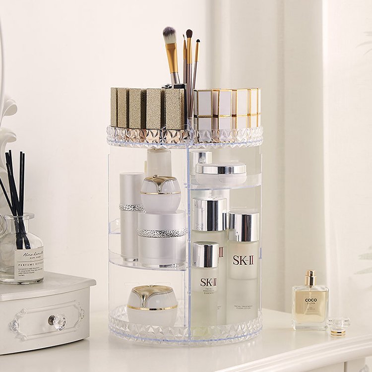 Transparent Makeup Storage Box 360-Degree Rotating Desktop Dressing Table Cosmetic Storage Rack Organizer