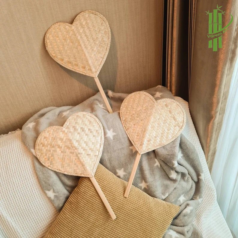 100% Handmade from Vietnam palm leaf woven hand fan Heart high quality for export