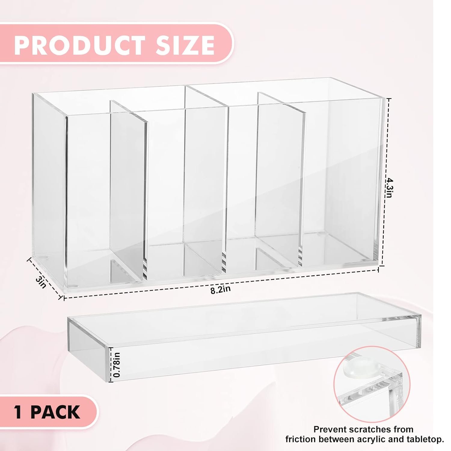 4 Compartment Acrylic Makeup Organizer and Storage with Lid, Brush Holder for Cosmetics, Cotton Balls or Office Supplies