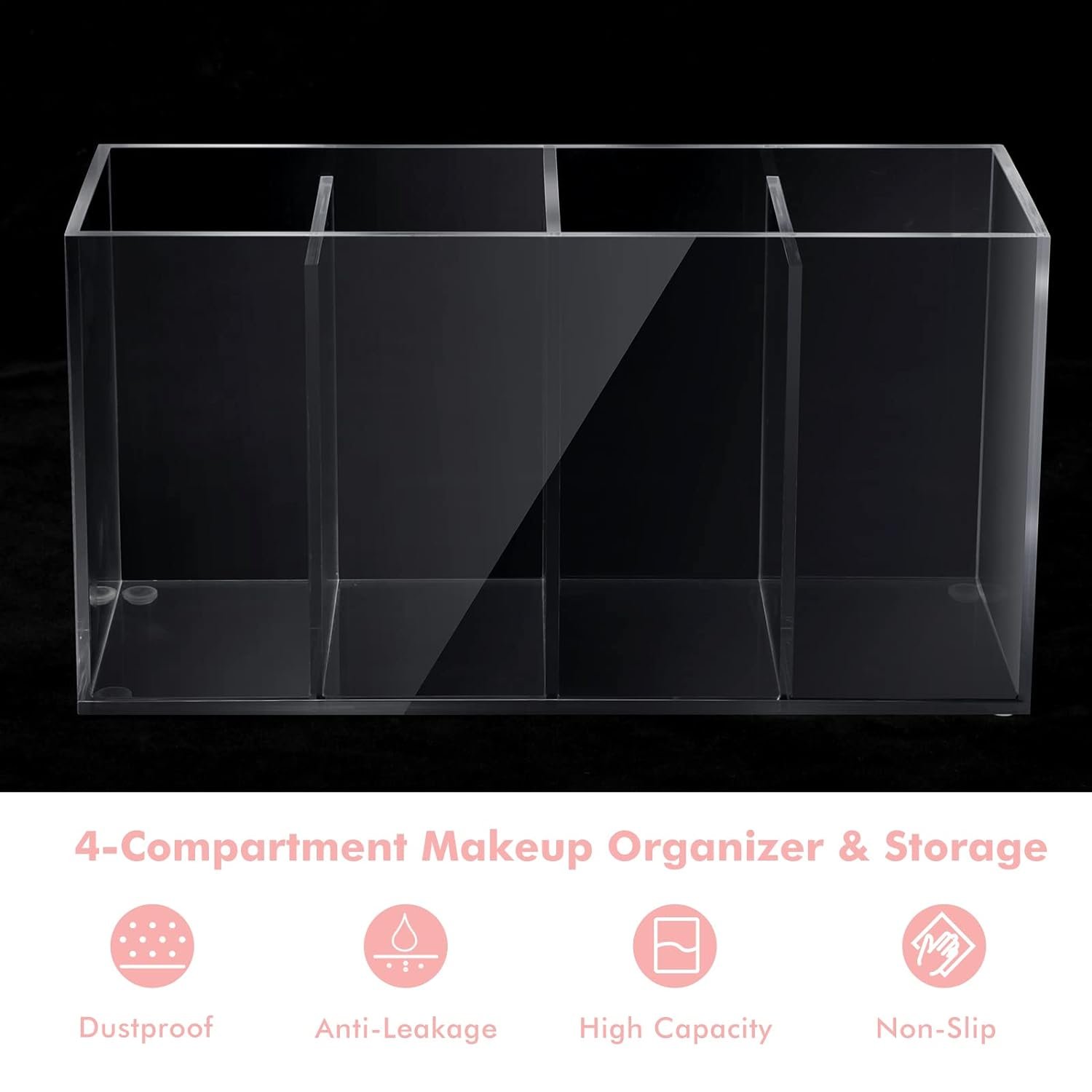4 Compartment Acrylic Makeup Organizer and Storage with Lid, Brush Holder for Cosmetics, Cotton Balls or Office Supplies