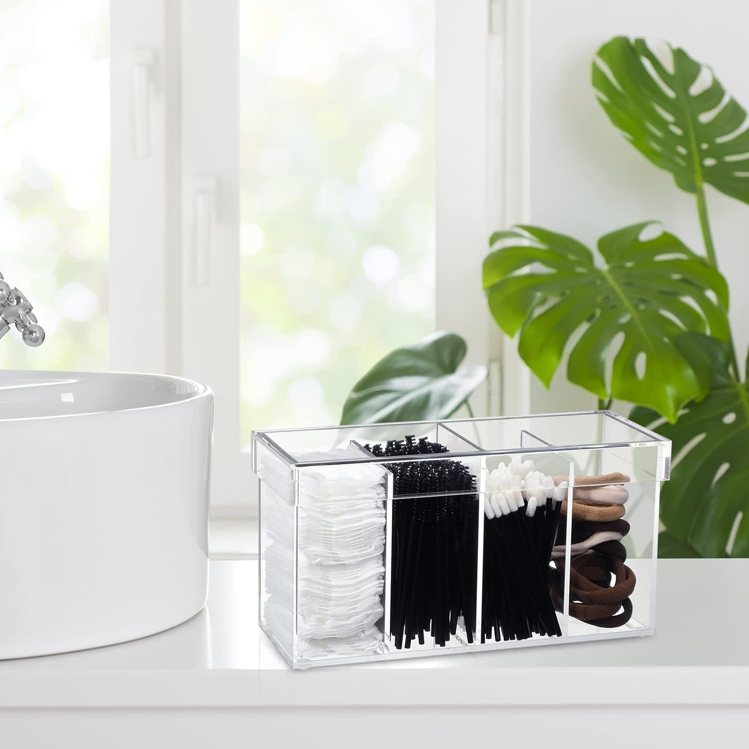 4 Compartment Acrylic Makeup Organizer and Storage with Lid, Brush Holder for Cosmetics, Cotton Balls or Office Supplies