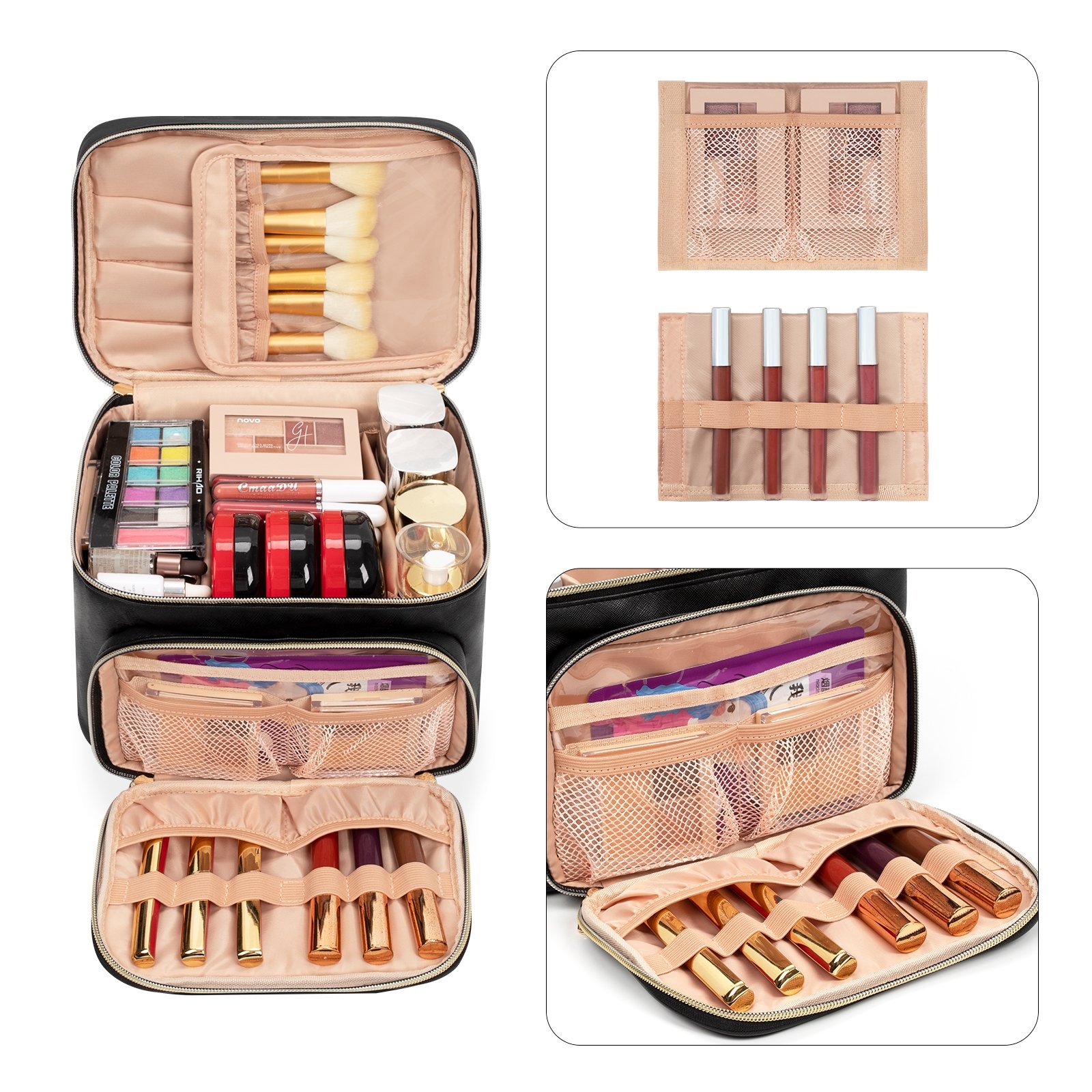 Wholesale high quality leather travel toiletry cosmetic bag cases With divider and Handle large capacity makeup organizer bag