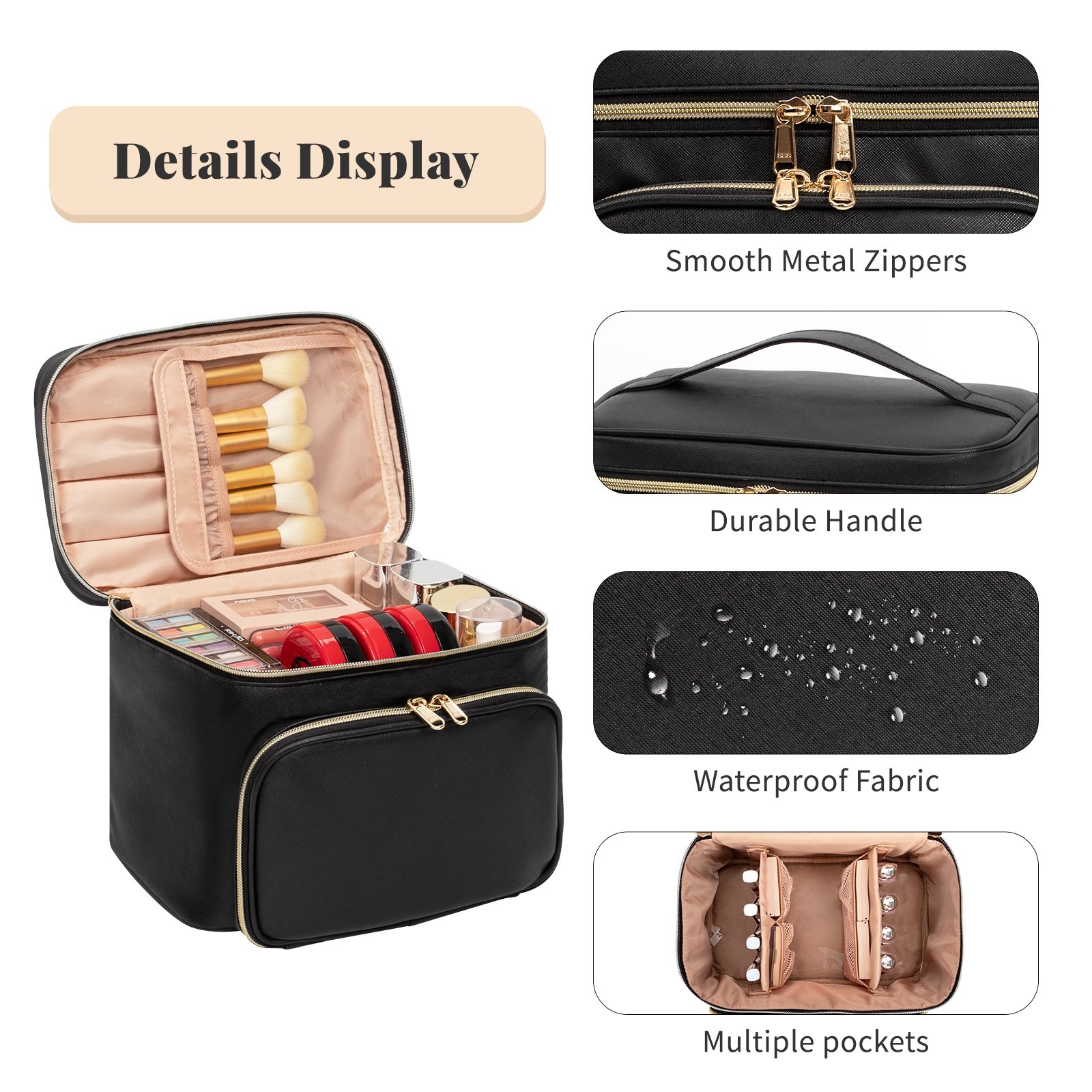 Wholesale high quality leather travel toiletry cosmetic bag cases With divider and Handle large capacity makeup organizer bag