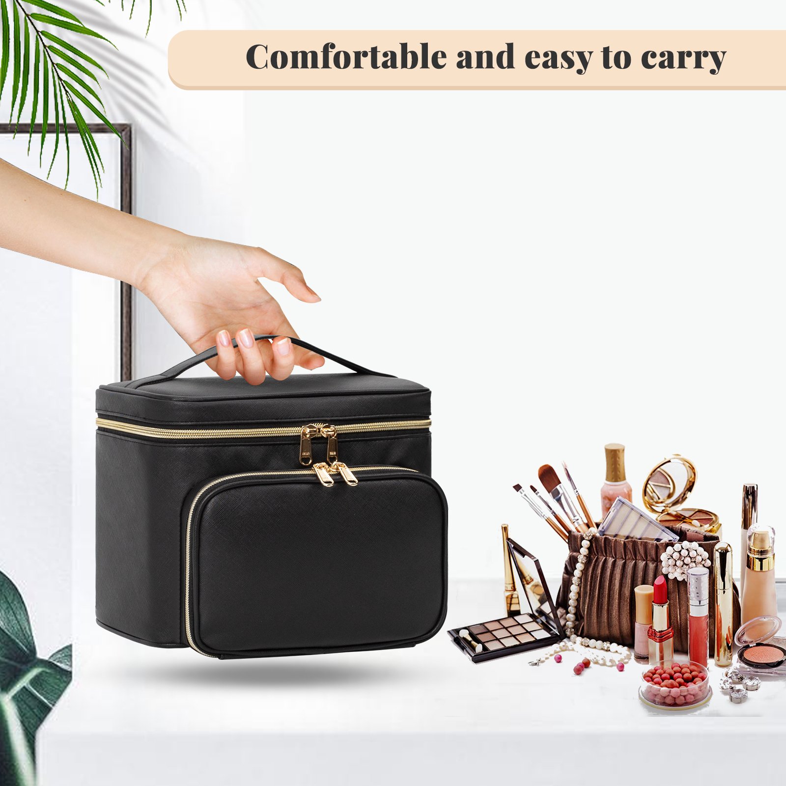 Wholesale high quality leather travel toiletry cosmetic bag cases With divider and Handle large capacity makeup organizer bag
