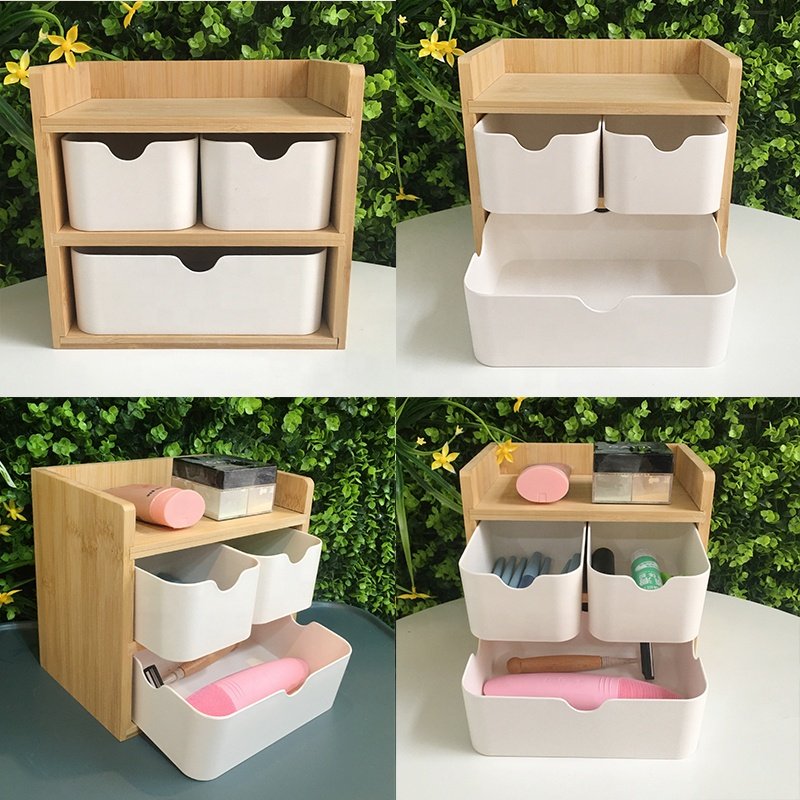 Multipurpose Home Office 3 Tier Wooden Bamboo Fiber Desktop Jewelry Cosmetic Makeup Storage Organizer Desk Drawer Box