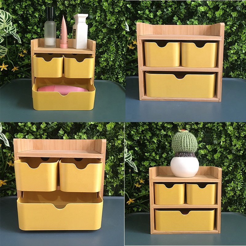 Multipurpose Home Office 3 Tier Wooden Bamboo Fiber Desktop Jewelry Cosmetic Makeup Storage Organizer Desk Drawer Box