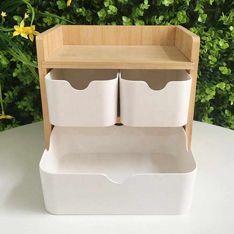 Multipurpose Home Office 3 Tier Wooden Bamboo Fiber Desktop Jewelry Cosmetic Makeup Storage Organizer Desk Drawer Box
