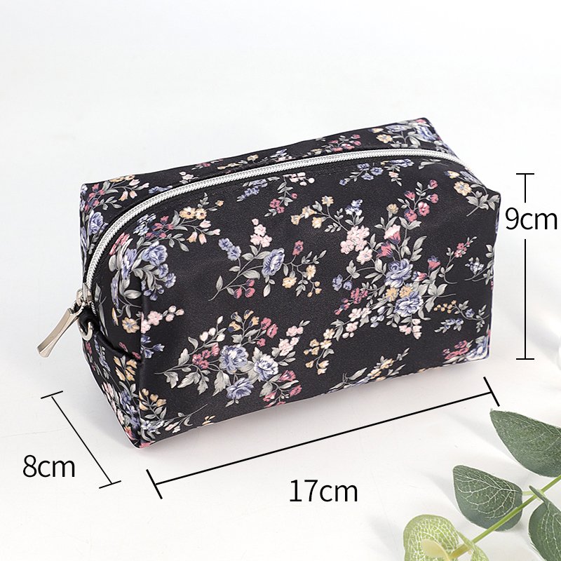 2024 custom Floral print design Zipper travel portable cosmetic Organize Black polyester makeup bag