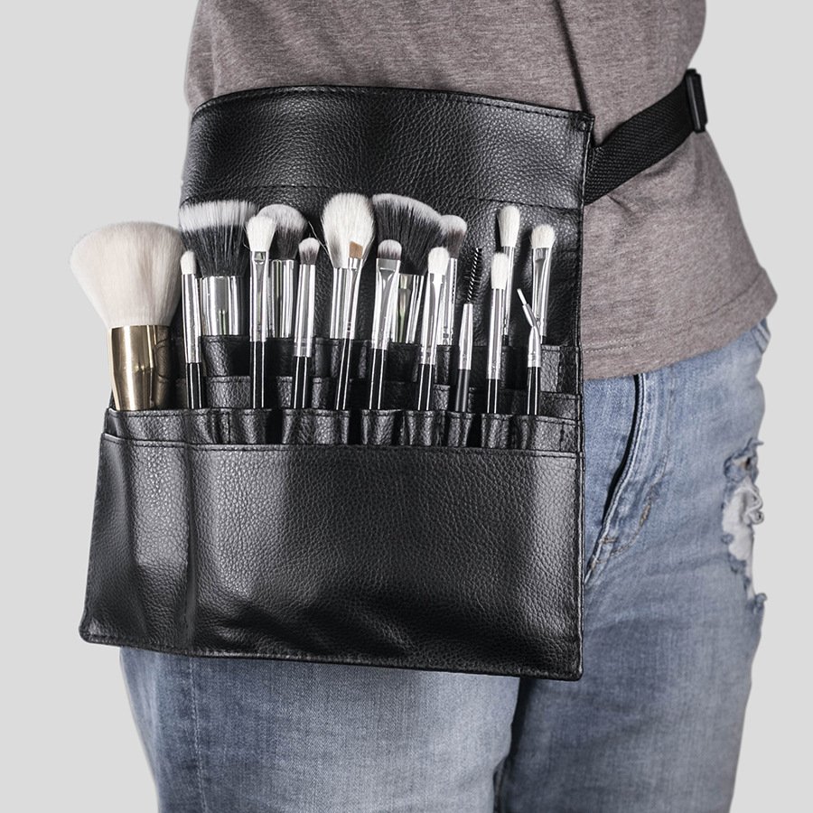 Portable Artist Belt Cosmetic Brush Holder Black PU Luxury Leather Makeup Brushes Organizer with pocket & Your Logo