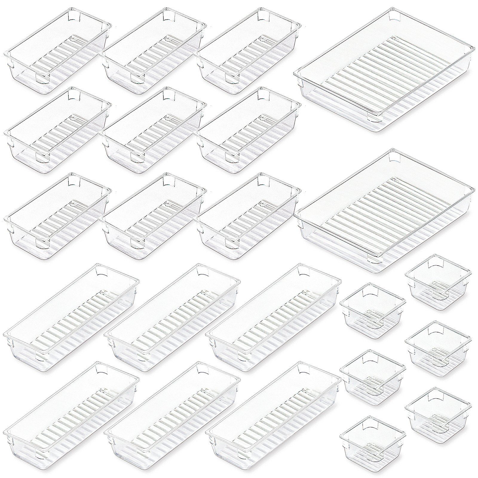 Clear Plastic Drawer Organizers Set, 4-Size Versatile Bathroom and Vanity Drawer Organizer Trays, Storage Bins for Make up