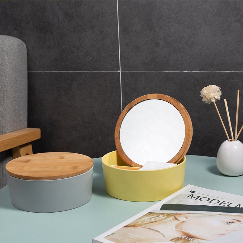 Multifunctional dustproof bamboo wooden bathroom vanity countertop makeup cosmetic jewelry storage box organizer with mirror