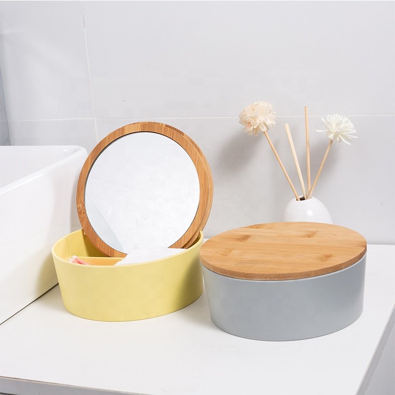 Multifunctional dustproof bamboo wooden bathroom vanity countertop makeup cosmetic jewelry storage box organizer with mirror