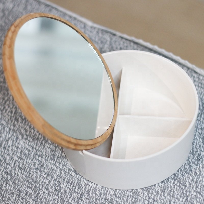 Multifunctional dustproof bamboo wooden bathroom vanity countertop makeup cosmetic jewelry storage box organizer with mirror