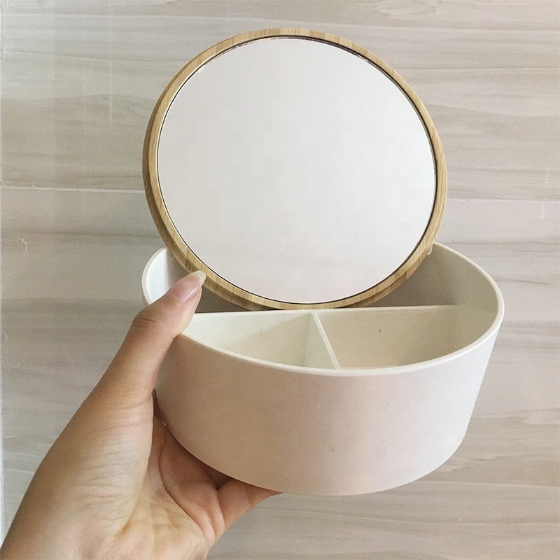 Multifunctional dustproof bamboo wooden bathroom vanity countertop makeup cosmetic jewelry storage box organizer with mirror