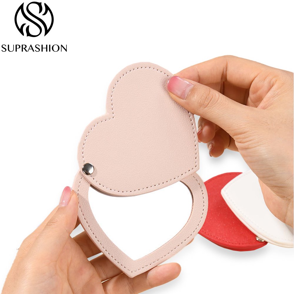 PU leather Folding Beauty Mirror, Love Shape Portable Metal Mirror, Makeup Mirror, Card Pocket Mirror, Student Gift Mirror