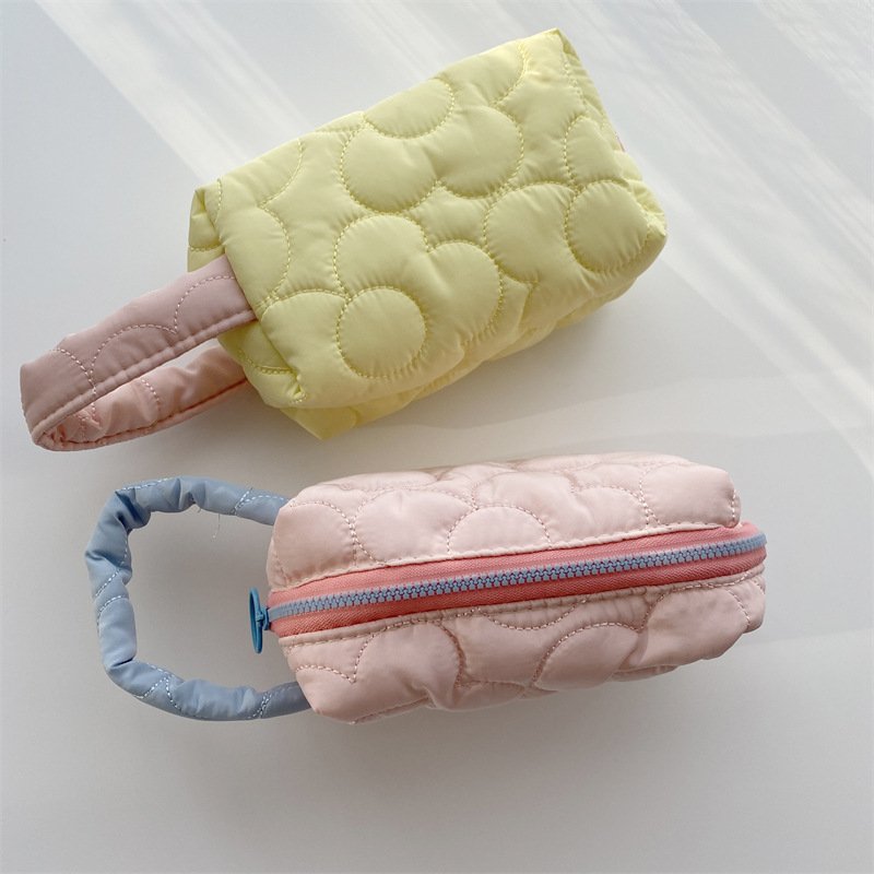 Custom Logo Soft Quilted Padded Top-handle Bag Cosmetic Case Polyester Makeup Bags Women Travel Toiletry Bag
