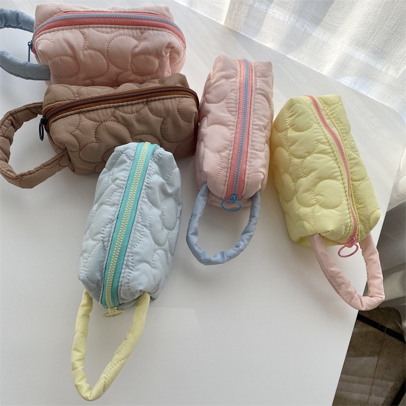 Custom Logo Soft Quilted Padded Top-handle Bag Cosmetic Case Polyester Makeup Bags Women Travel Toiletry Bag
