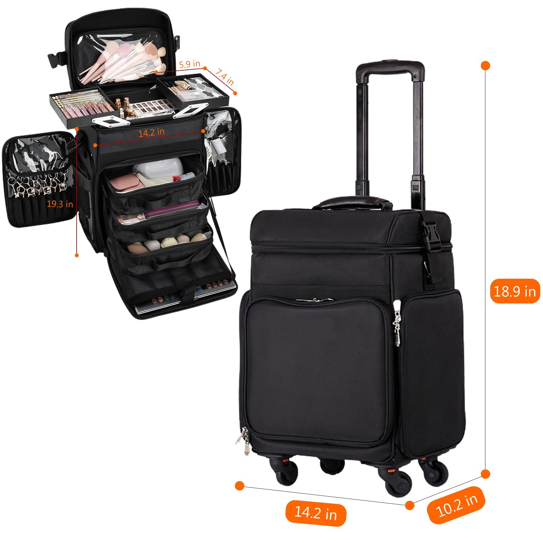 Factory Wholesale Large Capacity Removable Silent Wheel Cosmetic Makeup Travel Case Rolling Makeup Case Luggage Organizer Bag