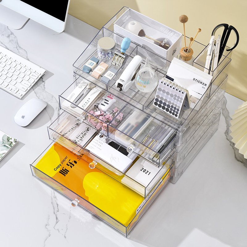 home office plastic Desktop transparent Stationery storage box desk cosmetic storage bin makeup organizer container with Drawer
