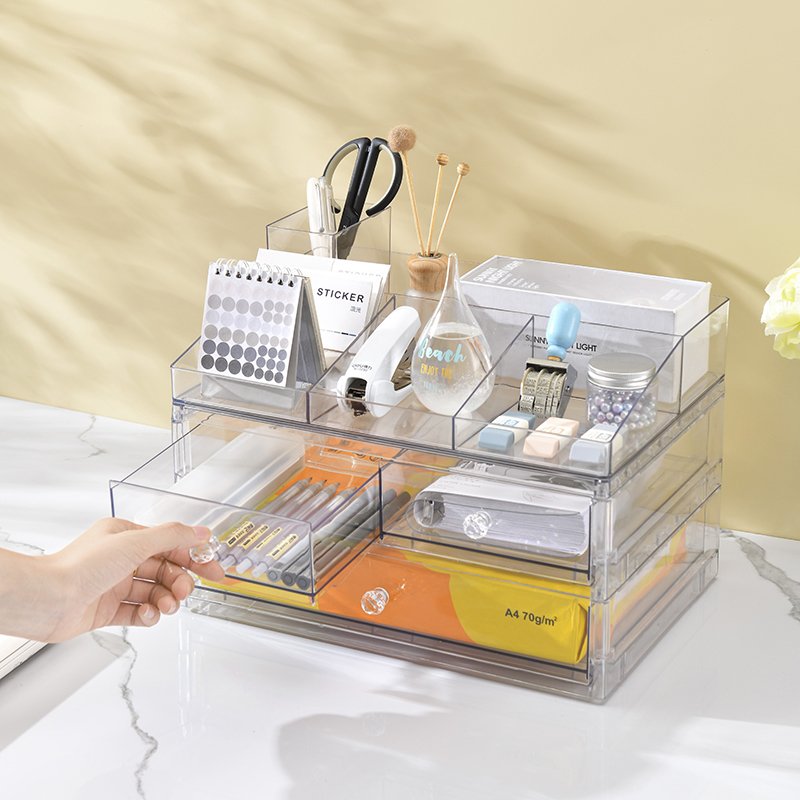 home office plastic Desktop transparent Stationery storage box desk cosmetic storage bin makeup organizer container with Drawer