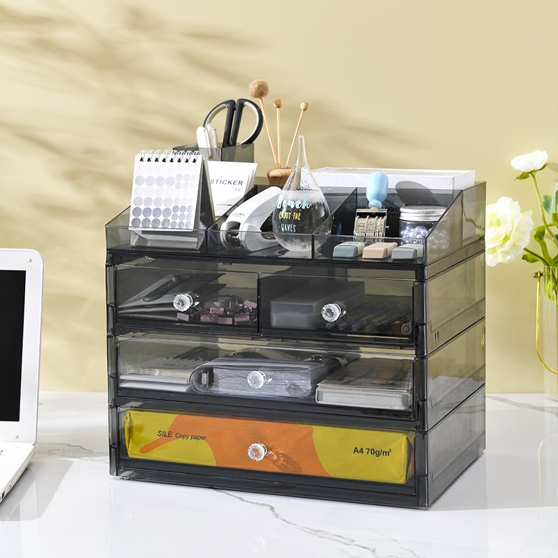 home office plastic Desktop transparent Stationery storage box desk cosmetic storage bin makeup organizer container with Drawer
