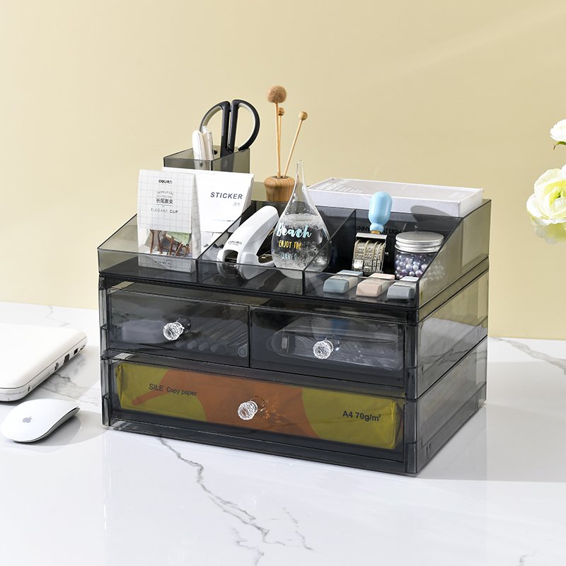 home office plastic Desktop transparent Stationery storage box desk cosmetic storage bin makeup organizer container with Drawer