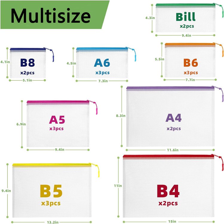 Wholesale Waterproof Trendy Strationery Recycling A3 A4 A5 Mesh Zipper Storage Pouch Bag PVC Mesh Document File Bag