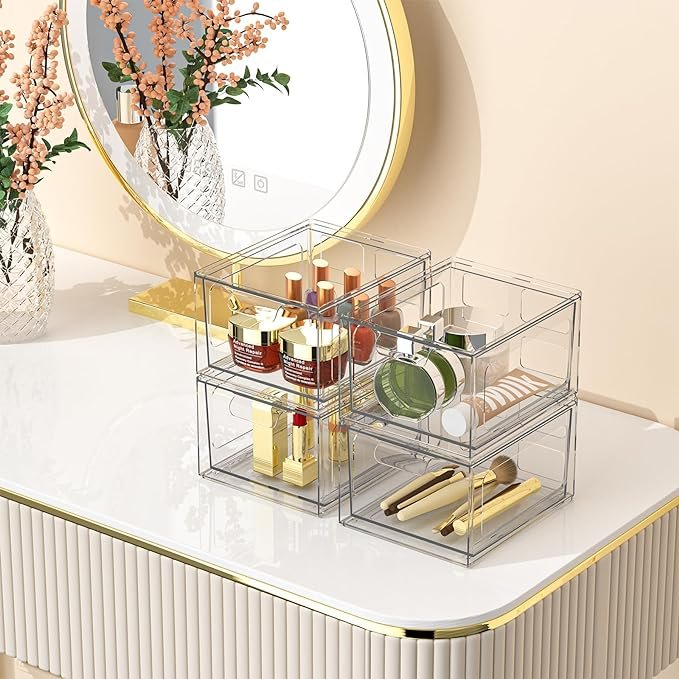 4 Pack Stackable Plastic Makeup Organizer Drawers, Acrylic Organizers, Clear Storage Bins with Pull-Out Handles for Vanity