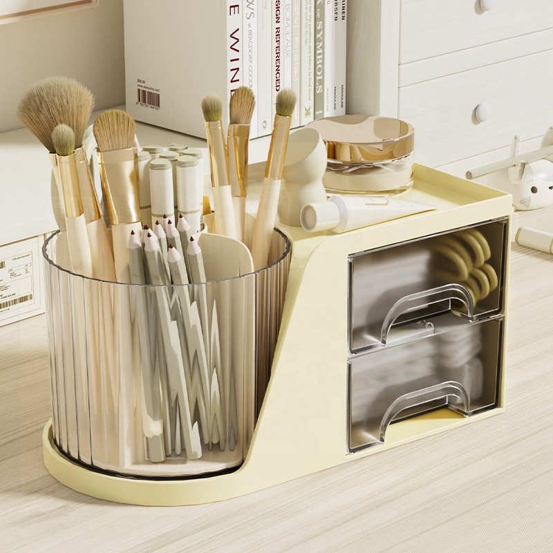 360 Degree Desktop Rotating Makeup Brush Pen Holder With Drawers Dresser Plastic Cosmetic Organizer For Stationery Bathroom