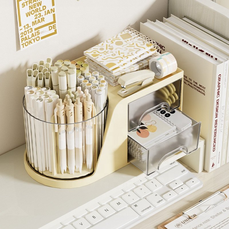 360 Degree Desktop Rotating Makeup Brush Pen Holder With Drawers Dresser Plastic Cosmetic Organizer For Stationery Bathroom