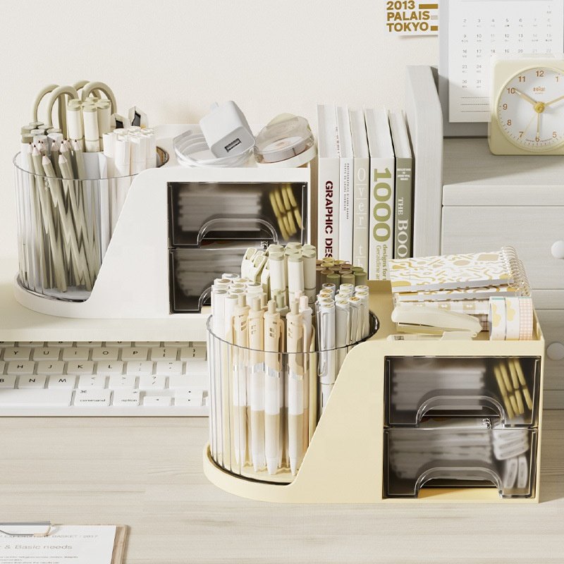 360 Degree Desktop Rotating Makeup Brush Pen Holder With Drawers Dresser Plastic Cosmetic Organizer For Stationery Bathroom