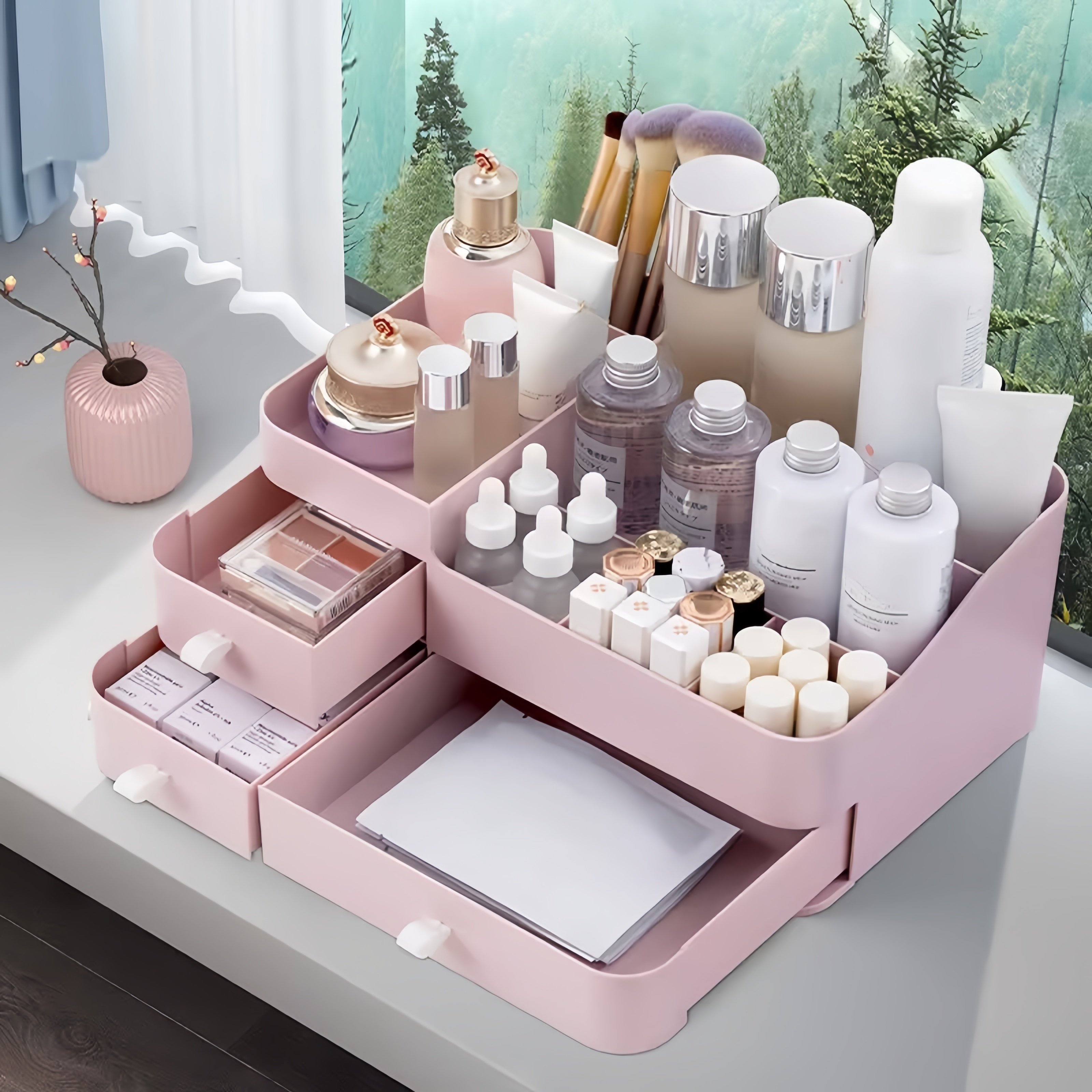 3 Layers makeup Organizer with Drawers Large Capacity Countertop Organizer for Vanity Bathroom Bedroom Desk Cosmetics Organizer