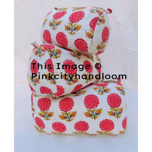 Makeup Accessory Travel Pouches Quilted Cosmetic Organizer For Women Handmade Block Printed Toiletry Pouch Shopping Bag