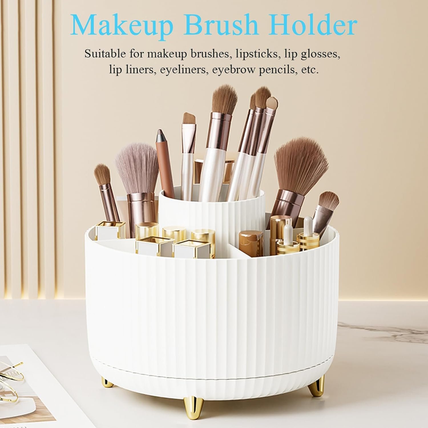 360 Degree Rotating Makeup Brush Organizer With 5 Compartments For Home Desktop Storage And Makeup Table Storage Rack (Green)