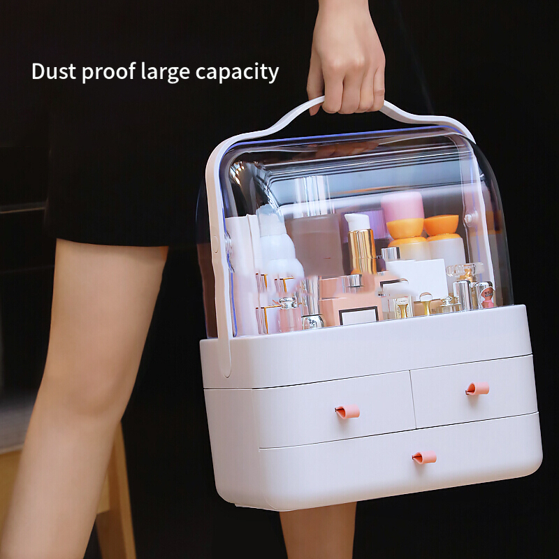 Portable Makeup Storage Box Countertop Organizer Fully Open Waterproof Cover makeup organizer