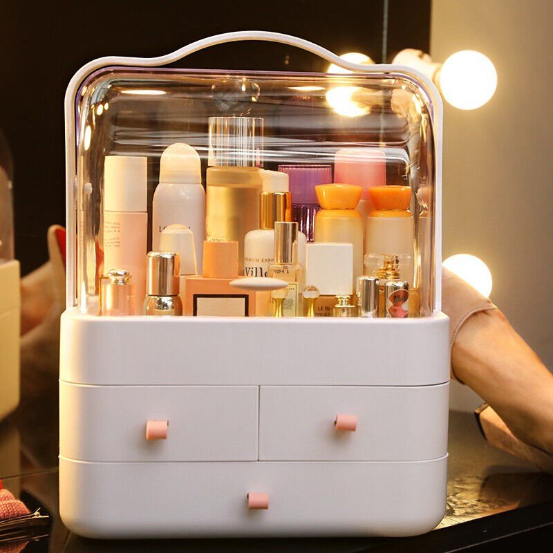 Portable Makeup Storage Box Countertop Organizer Fully Open Waterproof Cover makeup organizer