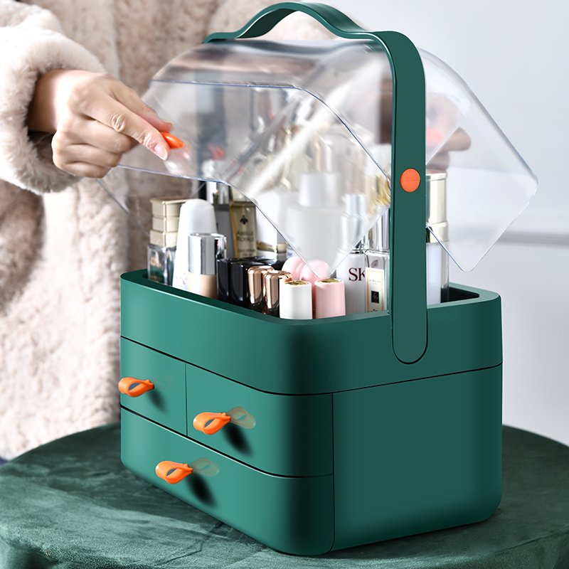 Portable Makeup Storage Box Countertop Organizer Fully Open Waterproof Cover makeup organizer